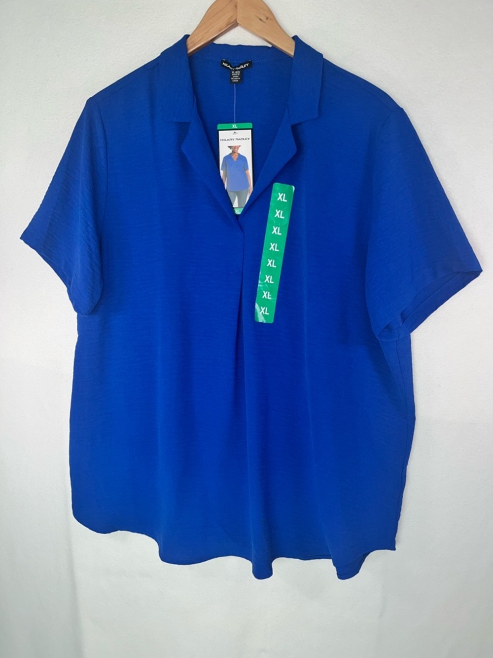 Hilary Radley Royal Blue V-Neck Blouse Short Sleeve Pleated Textured Office XL